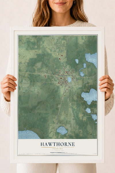 Hawthorne, Florida map print, 18" x 24" W/ White Ayous Wood Frame mockup