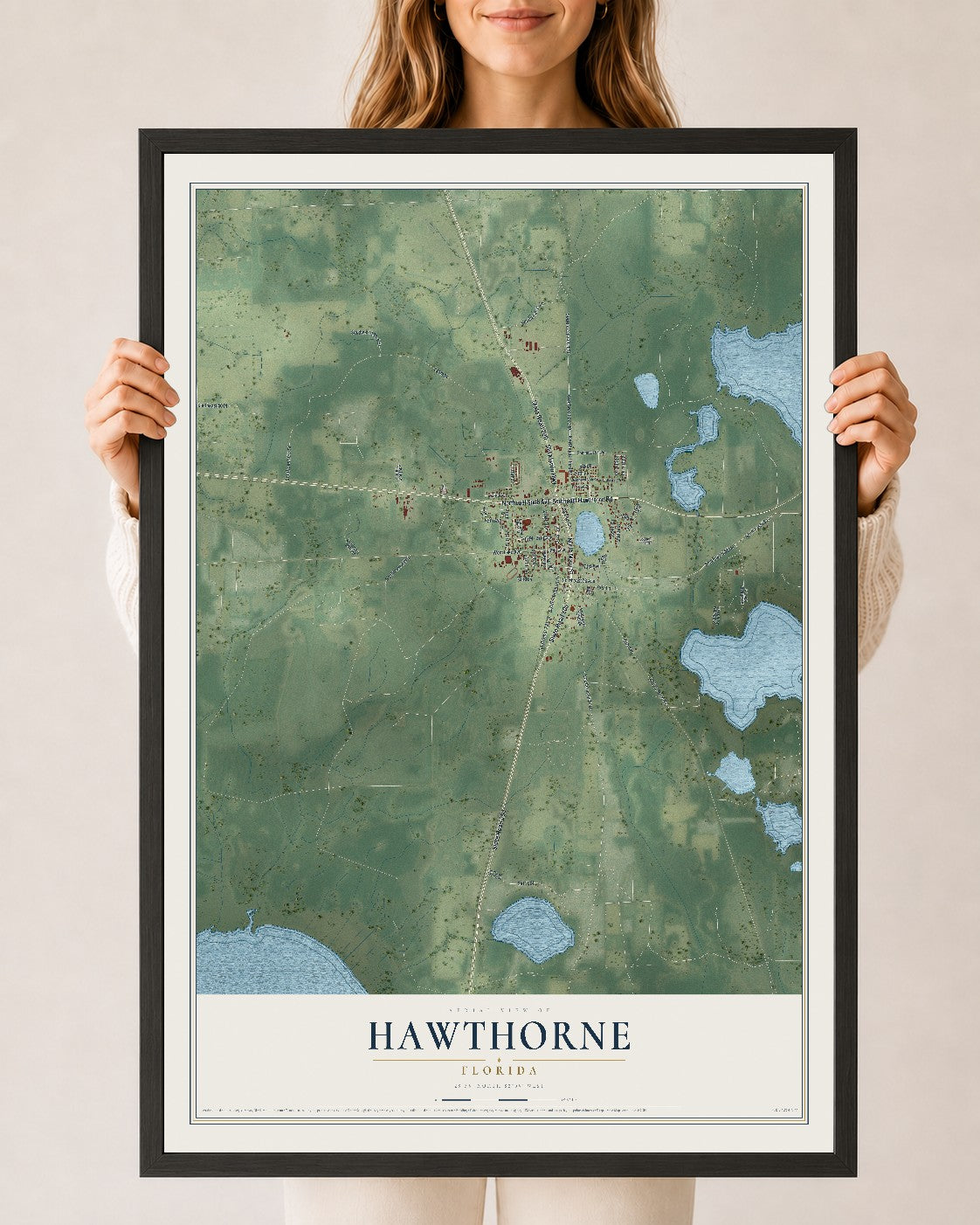 Hawthorne, Florida map print, 24" x 36" W/ Black Ayous Wood Frame mockup