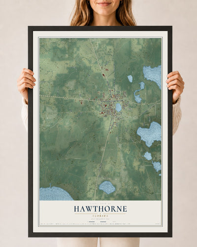 Hawthorne, Florida map print, 24" x 36" W/ Black Ayous Wood Frame mockup