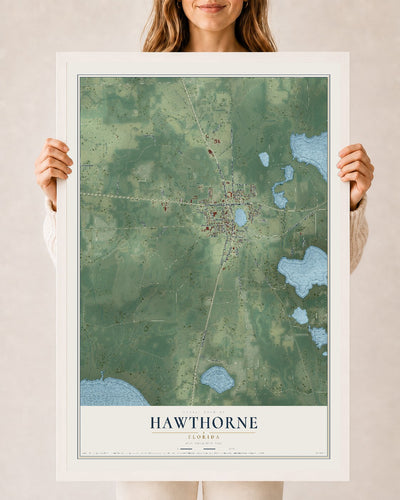 Hawthorne, Florida map print, 24" x 36" W/ White Ayous Wood Frame mockup