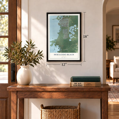 Hernando Beach, Florida map, 12 x 18 inch print in a black frame in an entryway