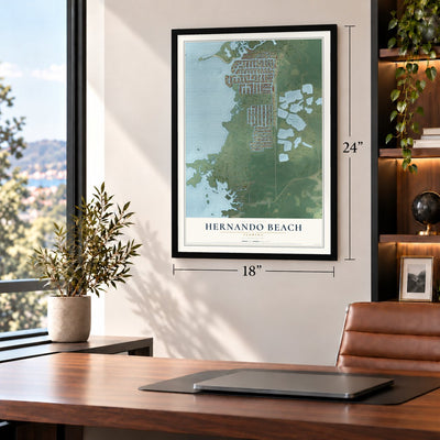Hernando Beach, Florida map, 18 x 24 inch print in a black frame in a home office