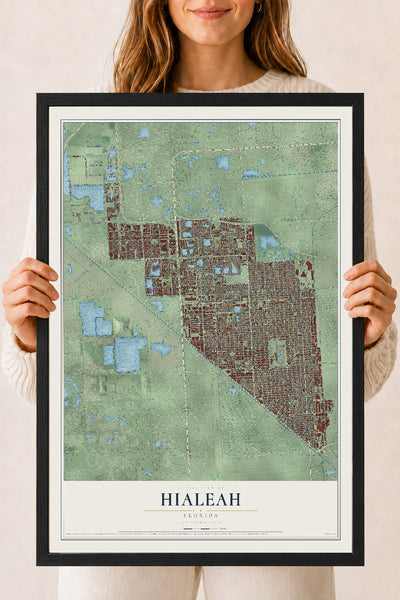 Hialeah, Florida map print, 18" x 24" W/ Black Ayous Wood Frame mockup