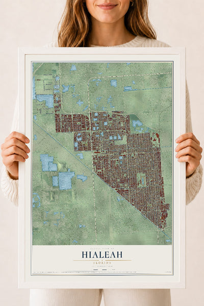 Hialeah, Florida map print, 18" x 24" W/ White Ayous Wood Frame mockup