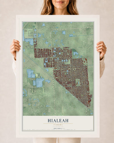 Hialeah, Florida map print, 24" x 36" W/ White Ayous Wood Frame mockup