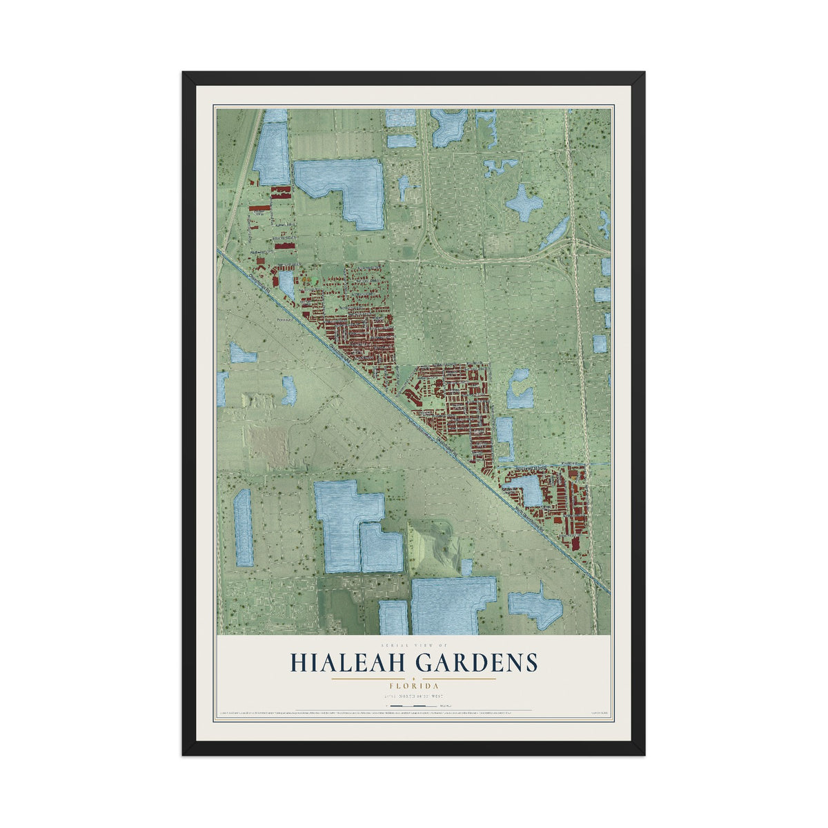 Hialeah Gardens, Florida map print, 12" x 18" W/ Black Ayous Wood Frame mockup