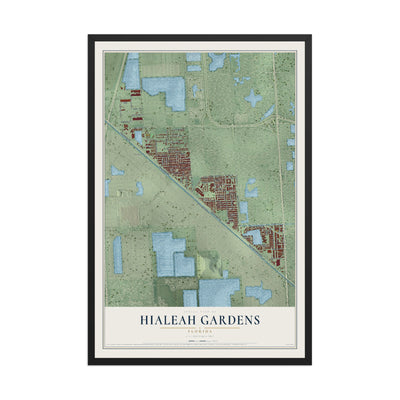 Hialeah Gardens, Florida map print, 12" x 18" W/ Black Ayous Wood Frame mockup