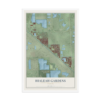 Hialeah Gardens, Florida map print, 12" x 18" W/ White Ayous Wood Frame mockup