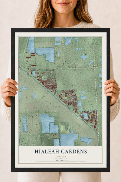 Hialeah Gardens, Florida map print, 18" x 24" W/ Black Ayous Wood Frame mockup