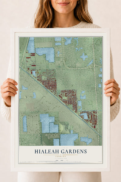Hialeah Gardens, Florida map print, 18" x 24" W/ White Ayous Wood Frame mockup