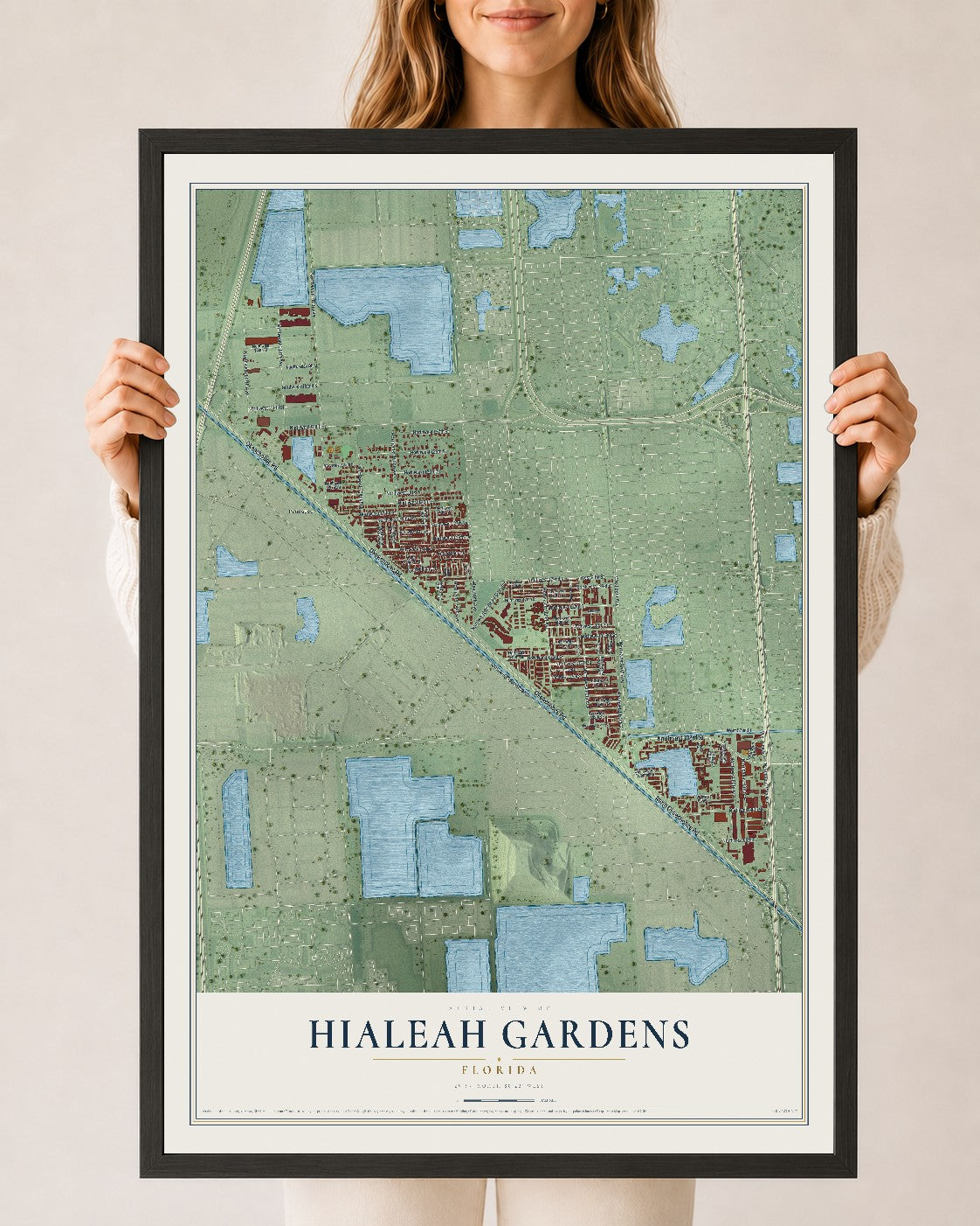 Hialeah Gardens, Florida map print, 24" x 36" W/ Black Ayous Wood Frame mockup