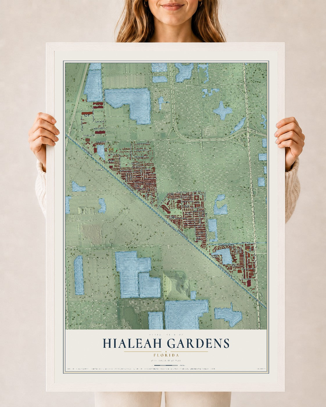 Hialeah Gardens, Florida map print, 24" x 36" W/ White Ayous Wood Frame mockup