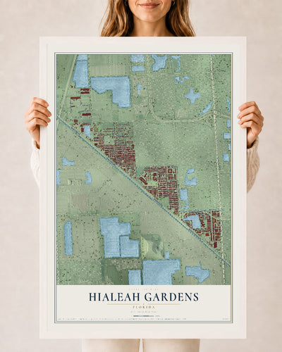 Hialeah Gardens, Florida map print, 24" x 36" W/ White Ayous Wood Frame mockup