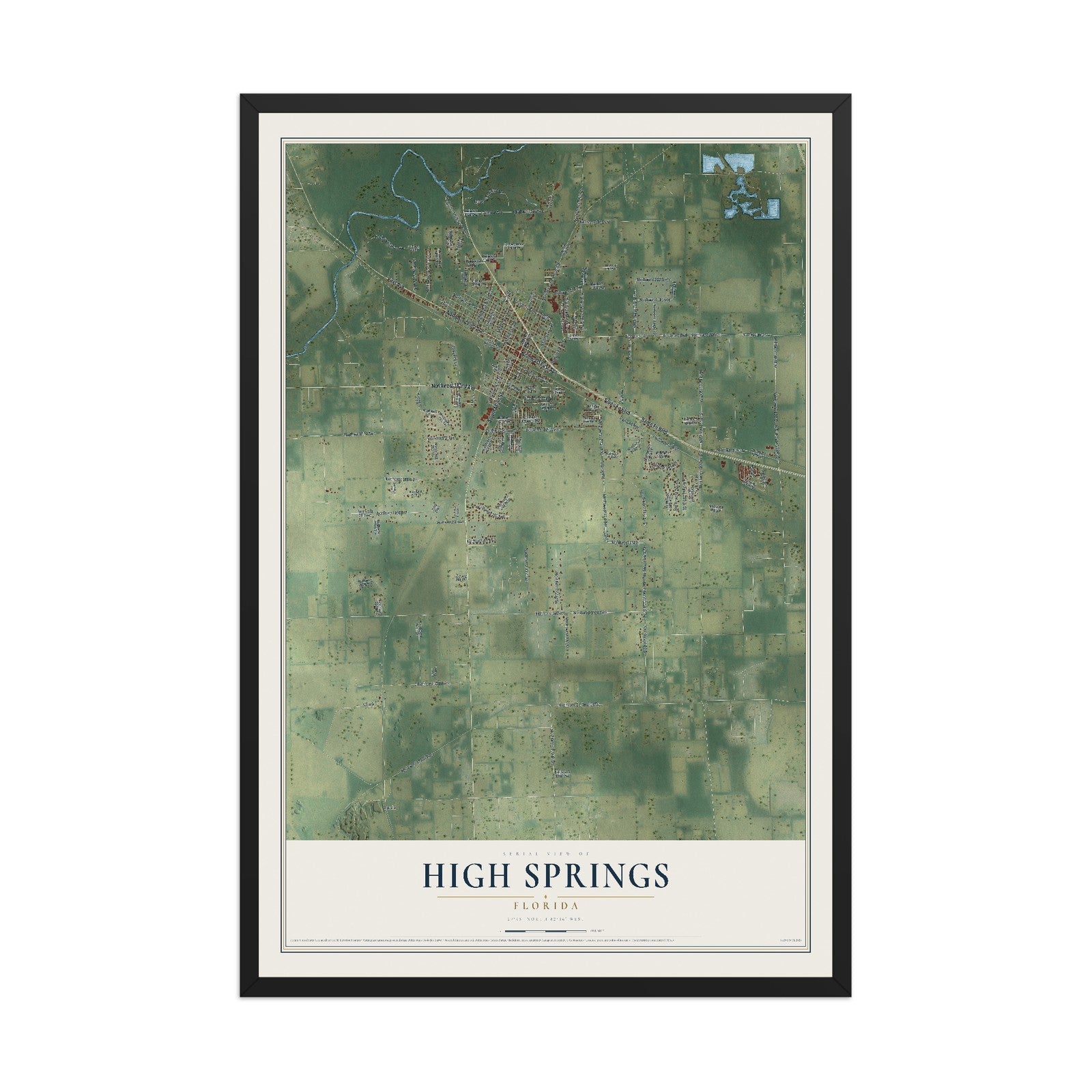 High Springs, Florida map print, 12" x 18" W/ Black Ayous Wood Frame mockup