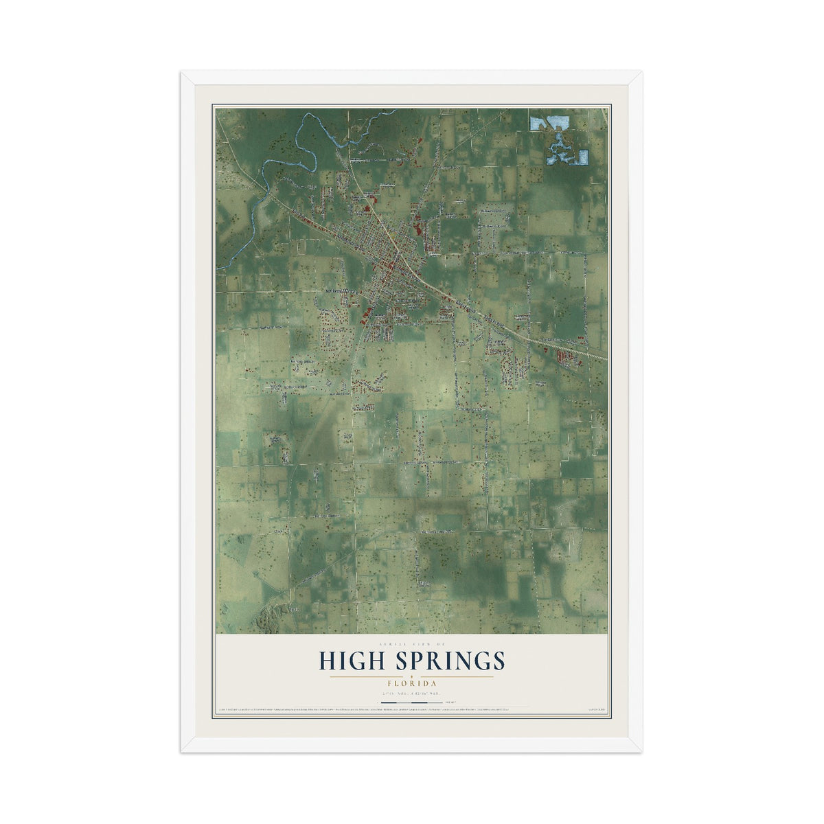 High Springs, Florida map print, 12" x 18" W/ White Ayous Wood Frame mockup
