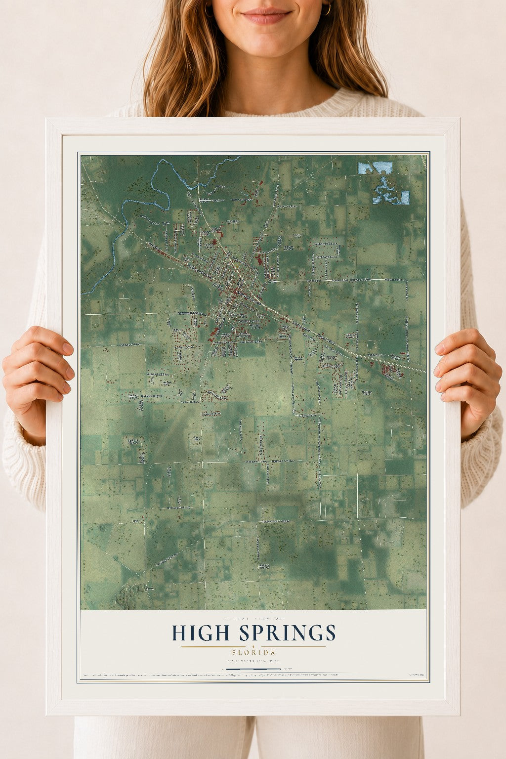 High Springs, Florida map print, 18" x 24" W/ White Ayous Wood Frame mockup