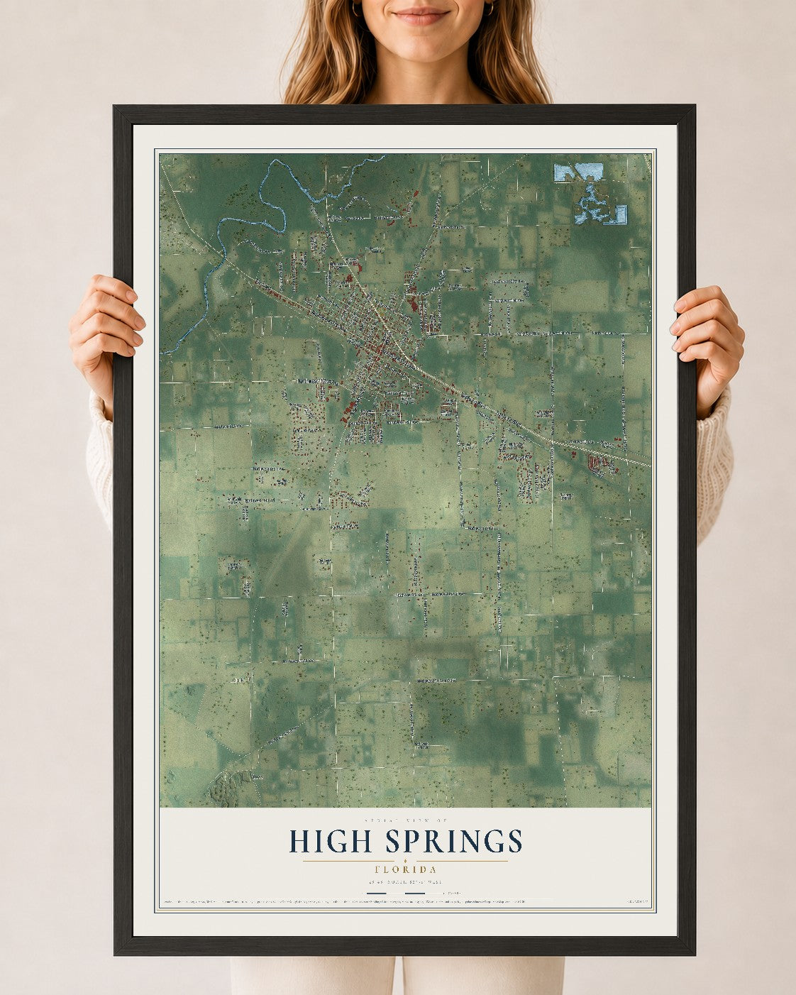 High Springs, Florida map print, 24" x 36" W/ Black Ayous Wood Frame mockup