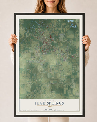 High Springs, Florida map print, 24" x 36" W/ Black Ayous Wood Frame mockup