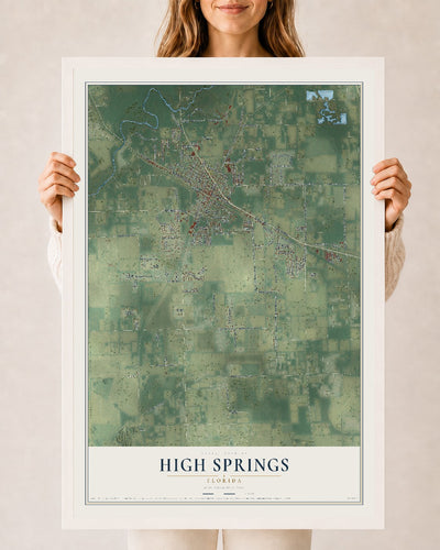 High Springs, Florida map print, 24" x 36" W/ White Ayous Wood Frame mockup