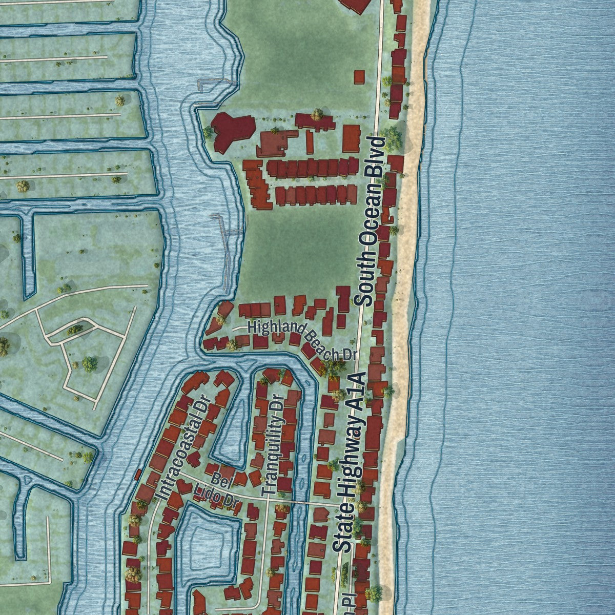 Close-up 2 of the Highland Beach, Florida map artwork