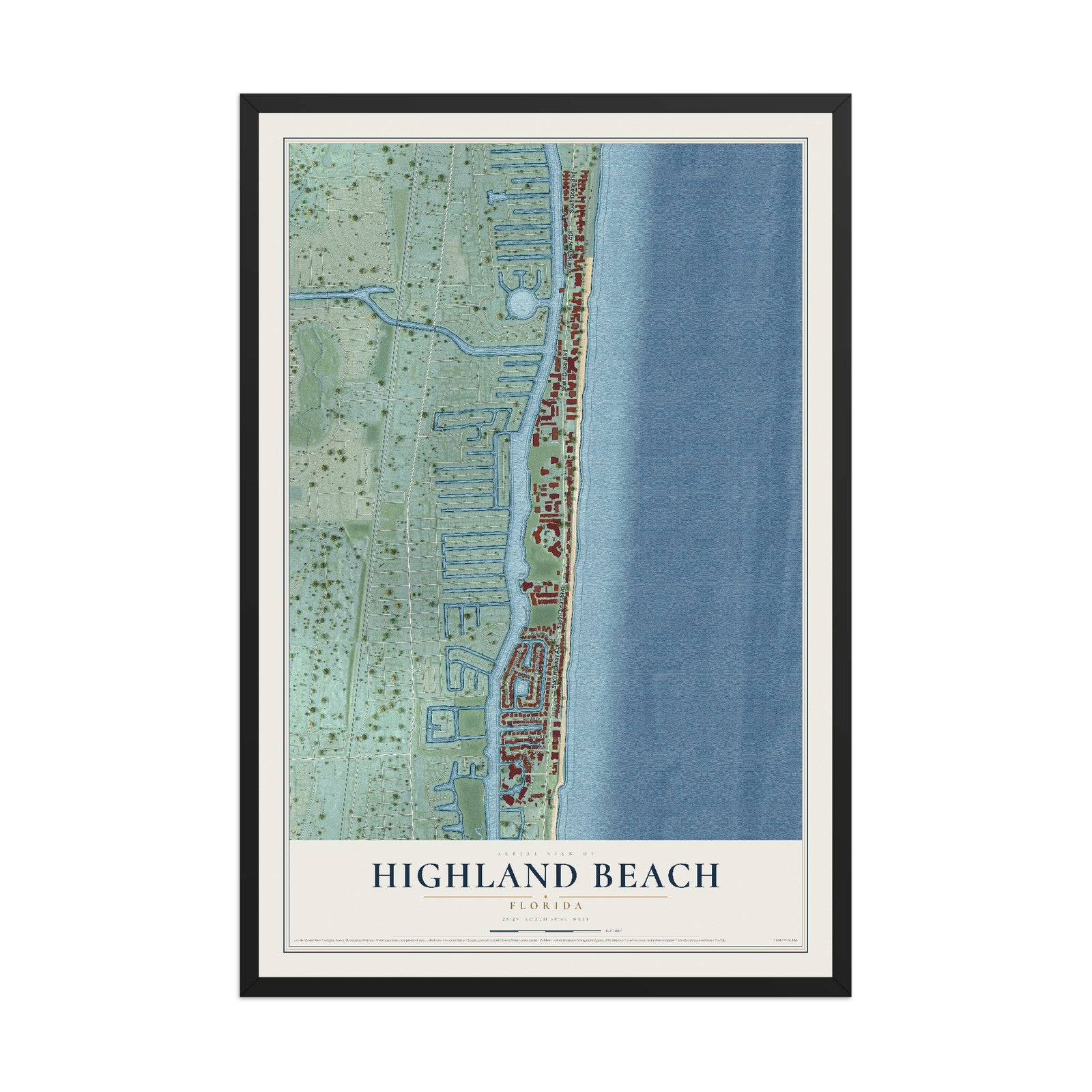 Highland Beach, Florida map print, 12" x 18" W/ Black Ayous Wood Frame mockup