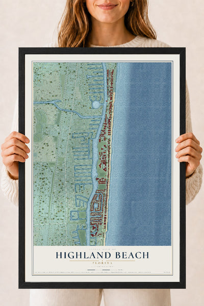 Highland Beach, Florida map print, 18" x 24" W/ Black Ayous Wood Frame mockup