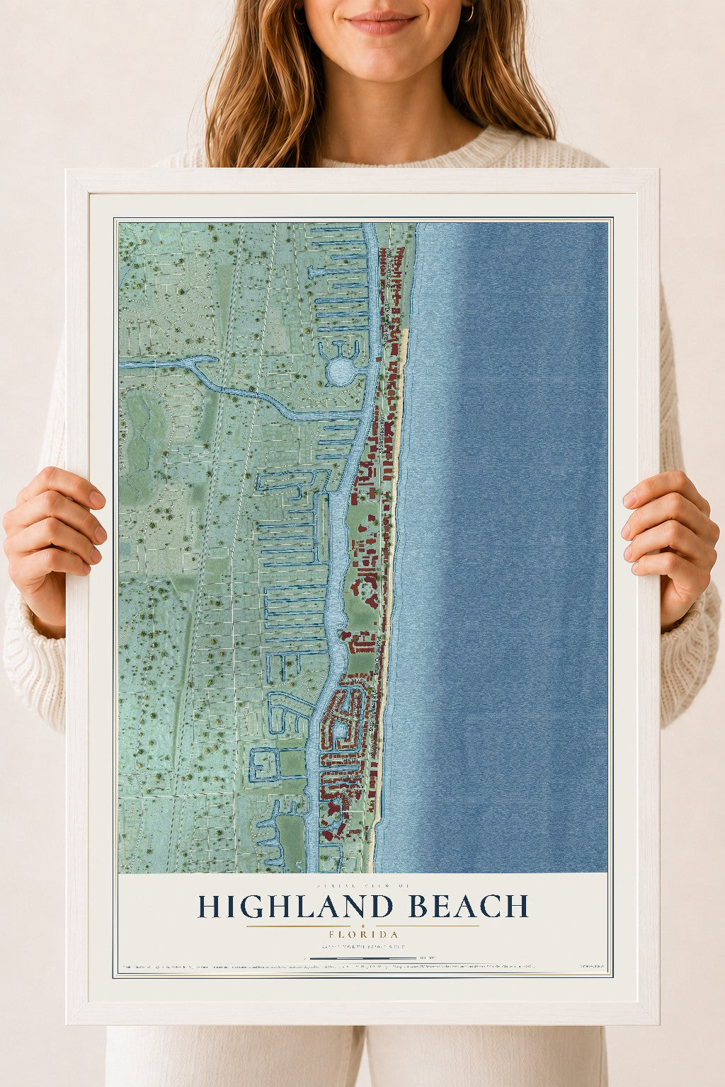 Highland Beach, Florida map print, 18" x 24" W/ White Ayous Wood Frame mockup