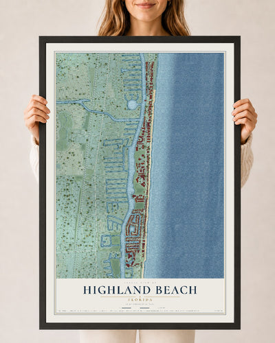 Highland Beach, Florida map print, 24" x 36" W/ Black Ayous Wood Frame mockup