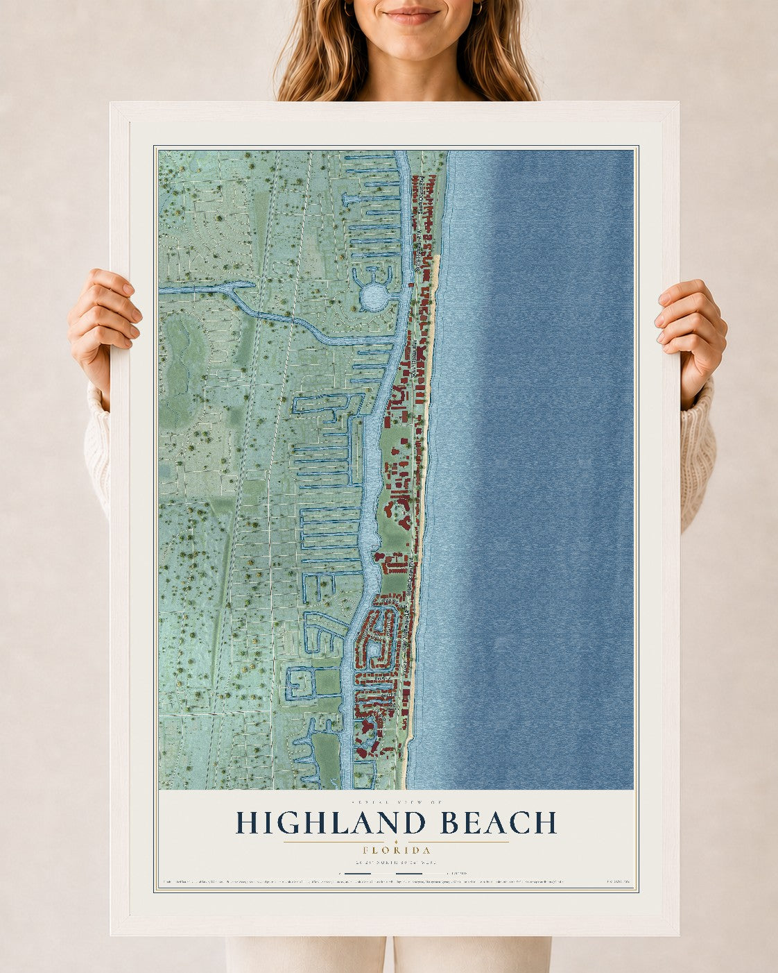 Highland Beach, Florida map print, 24" x 36" W/ White Ayous Wood Frame mockup