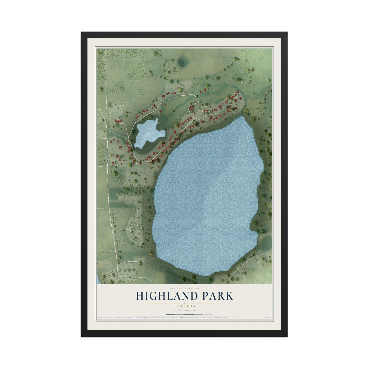 Highland Park, Florida map print, 12" x 18" W/ Black Ayous Wood Frame mockup