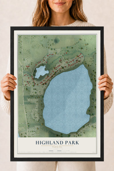 Highland Park, Florida map print, 18" x 24" W/ Black Ayous Wood Frame mockup