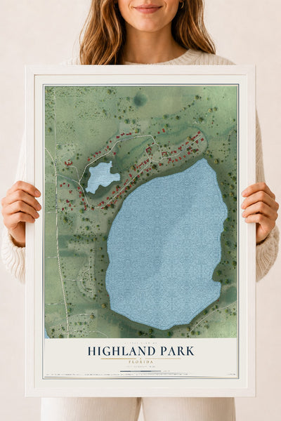 Highland Park, Florida map print, 18" x 24" W/ White Ayous Wood Frame mockup