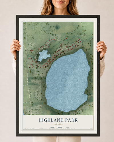Highland Park, Florida map print, 24" x 36" W/ Black Ayous Wood Frame mockup