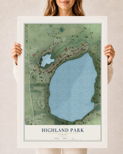 Highland Park, Florida map print, 24" x 36" W/ White Ayous Wood Frame mockup