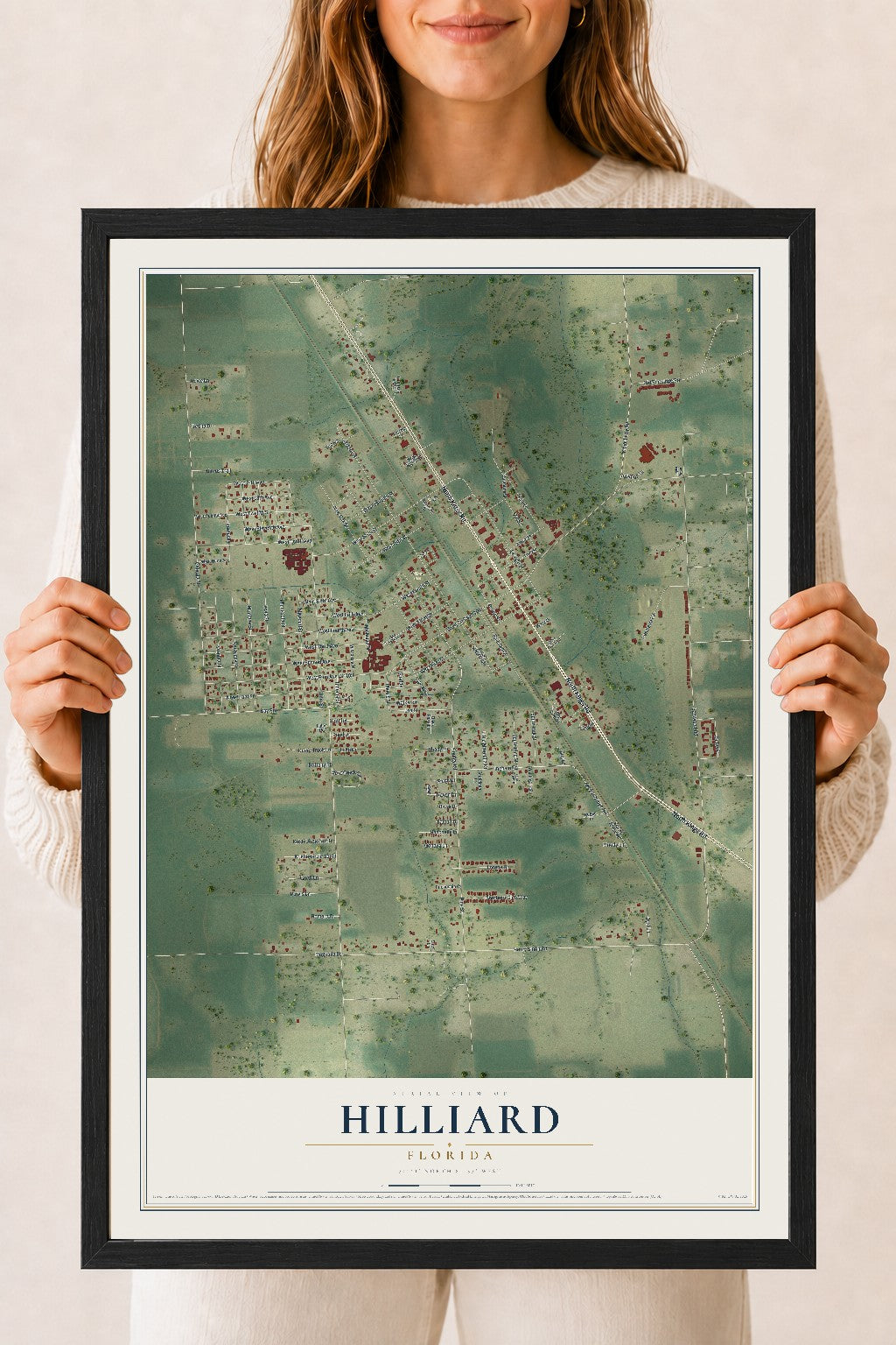 Hilliard, Florida map print, 18" x 24" W/ Black Ayous Wood Frame mockup