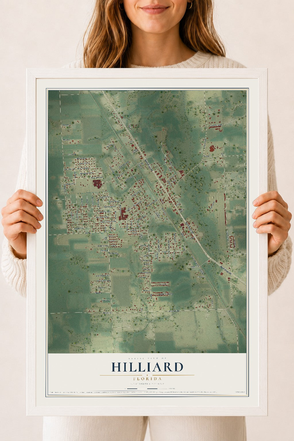 Hilliard, Florida map print, 18" x 24" W/ White Ayous Wood Frame mockup