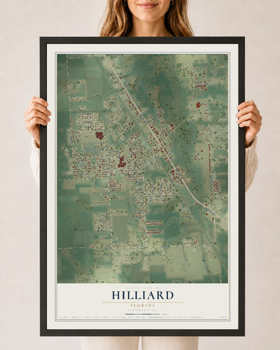 Hilliard, Florida map print, 24" x 36" W/ Black Ayous Wood Frame mockup