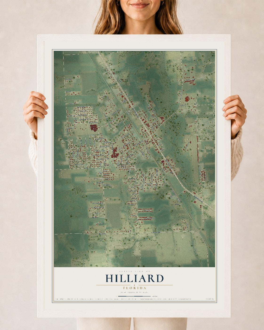 Hilliard, Florida map print, 24" x 36" W/ White Ayous Wood Frame mockup