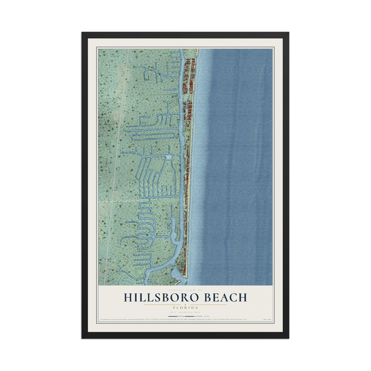 Hillsboro Beach, Florida map print, 12" x 18" W/ Black Ayous Wood Frame mockup