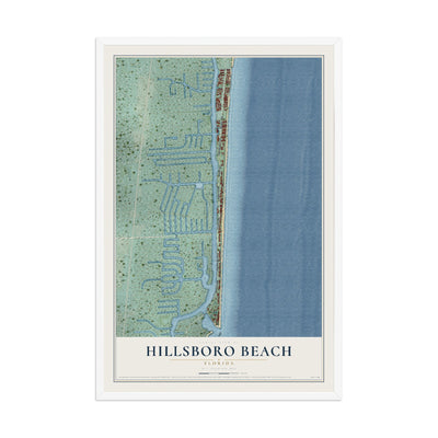 Hillsboro Beach, Florida map print, 12" x 18" W/ White Ayous Wood Frame mockup