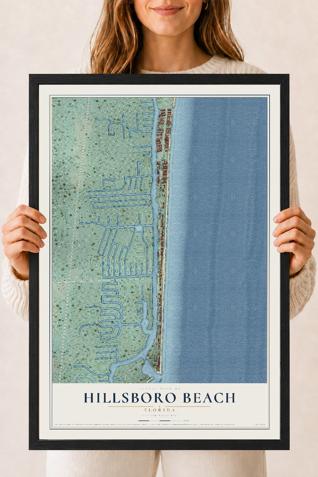 Hillsboro Beach, Florida map print, 18" x 24" W/ Black Ayous Wood Frame mockup