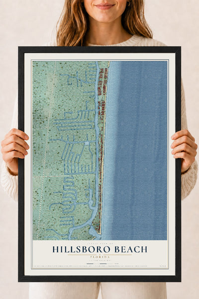 Hillsboro Beach, Florida map print, 18" x 24" W/ Black Ayous Wood Frame mockup