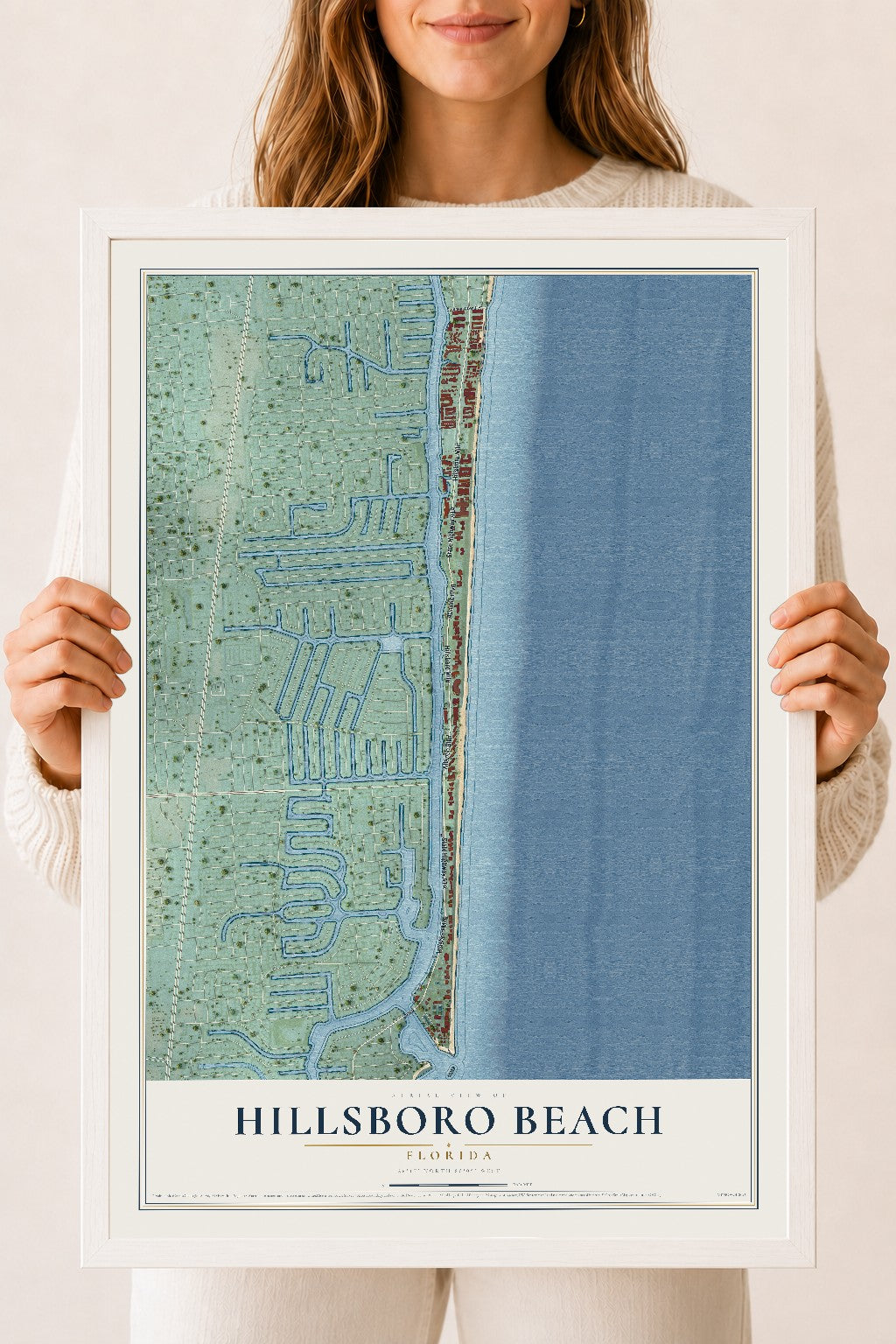 Hillsboro Beach, Florida map print, 18" x 24" W/ White Ayous Wood Frame mockup
