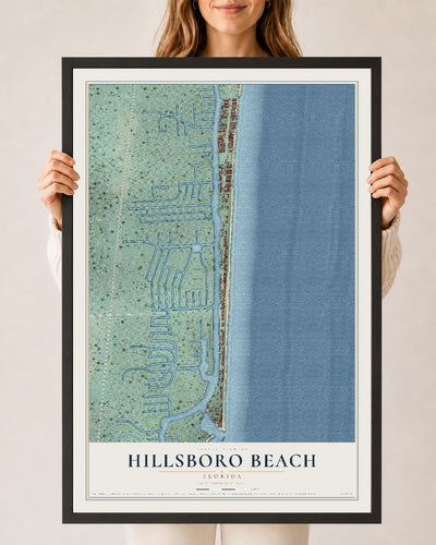 Hillsboro Beach, Florida map print, 24" x 36" W/ Black Ayous Wood Frame mockup