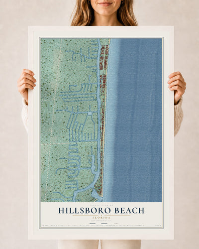 Hillsboro Beach, Florida map print, 24" x 36" W/ White Ayous Wood Frame mockup