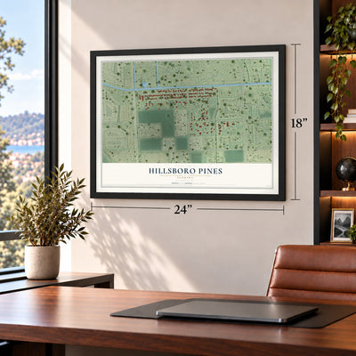 Hillsboro Pines, Florida map, 18 x 24 inch print in a black frame in a home office