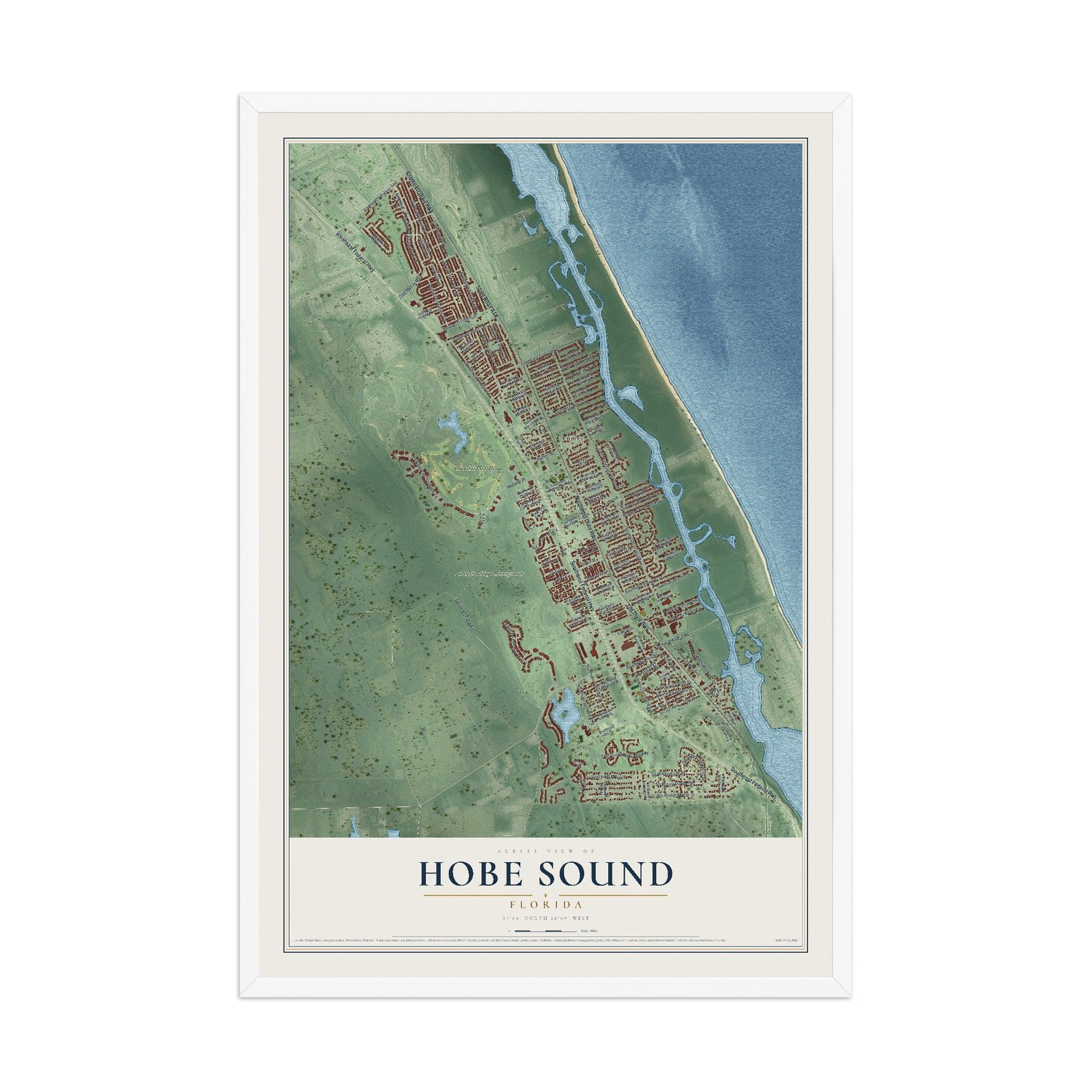 Hobe Sound, Florida map print, 12" x 18" W/ White Ayous Wood Frame mockup