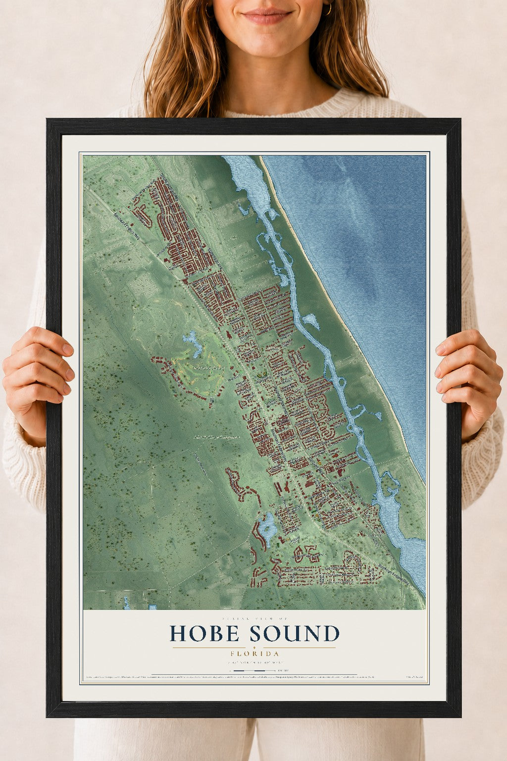 Hobe Sound, Florida map print, 18" x 24" W/ Black Ayous Wood Frame mockup