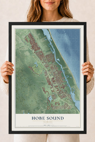 Hobe Sound, Florida map print, 18" x 24" W/ Black Ayous Wood Frame mockup