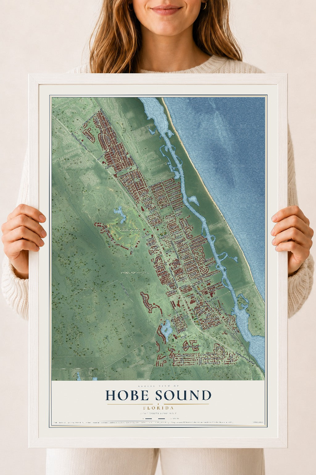 Hobe Sound, Florida map print, 18" x 24" W/ White Ayous Wood Frame mockup